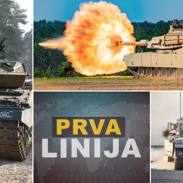 Tenk Leopard 2A6; tenk Abrams M1A2; logo Prve linije; tenk Challenger 2