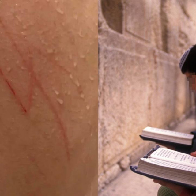 Urezana svastika na leđa dječaka i ilustracija dječaka koji mole