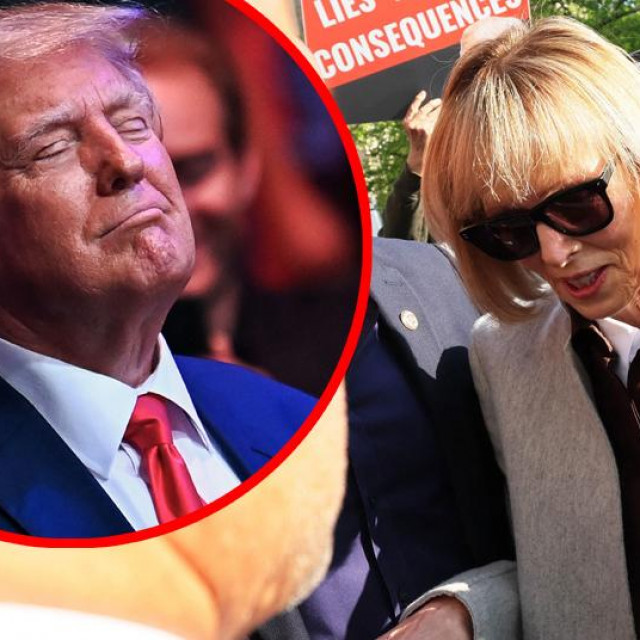 E. Jean Carroll stiže na sud i Donald Trump (u krugu)