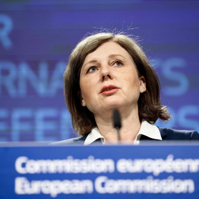 European Commission Vice-President in charge of Values and Transparency Vera Jourova gives a press conference on the protection of journalists and human right defenders against abusive litigation at the EU headquarters in Brussels on April 27, 2022. (Photo by Kenzo TRIBOUILLARD/AFP)
