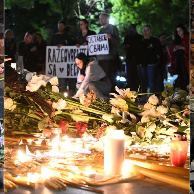 Prizori ožalošćenih građana na ulicama Beograda, u donjem desnom uglu odvođenje dječaka koji je počinio masakr