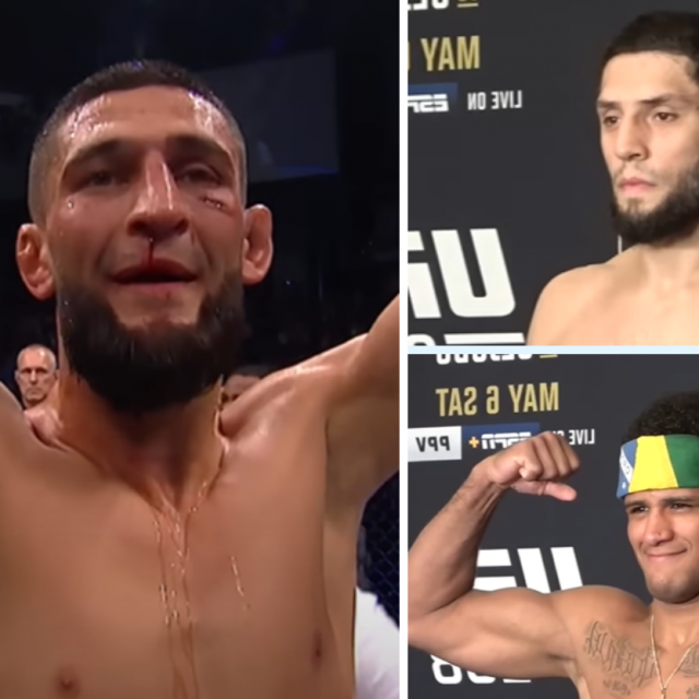 Khamzat Chimaev (lijevo), Ikram Aliskerov (gore desno) i Gilbert Burns (dolje desno)