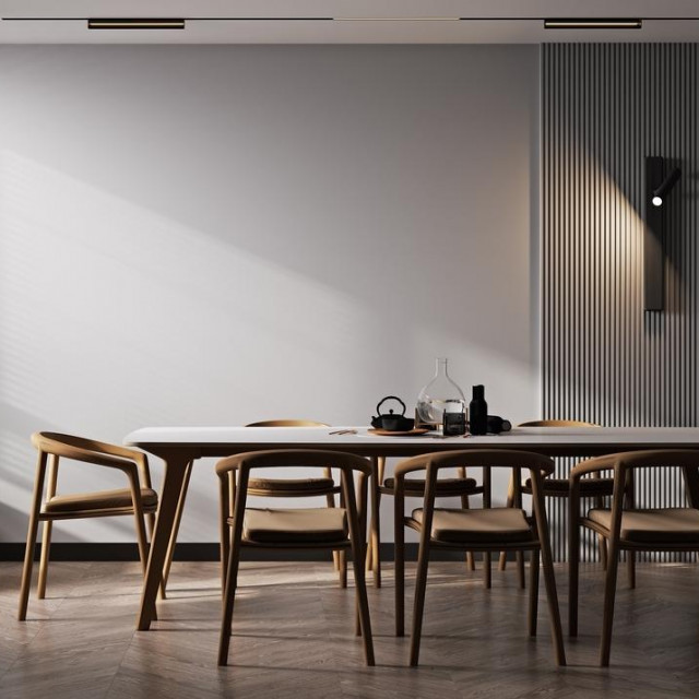 Home interior, modern dark dining room interior, gray empty wall mock up, 3d render