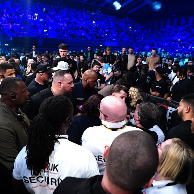 A fight breaks out in the crowd with boxer Tommy Fury involved at the OVO Arena Wembley, London.