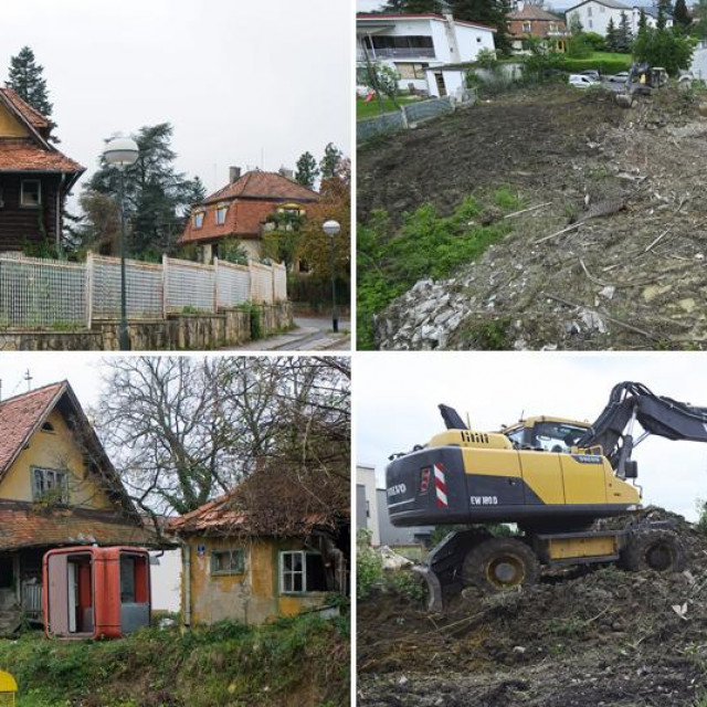 Lijevo: Nekadašnja drvena kuća na adresi Vijenac 1; desno: parcela na istoj adresi na kojoj kuće danas više nema