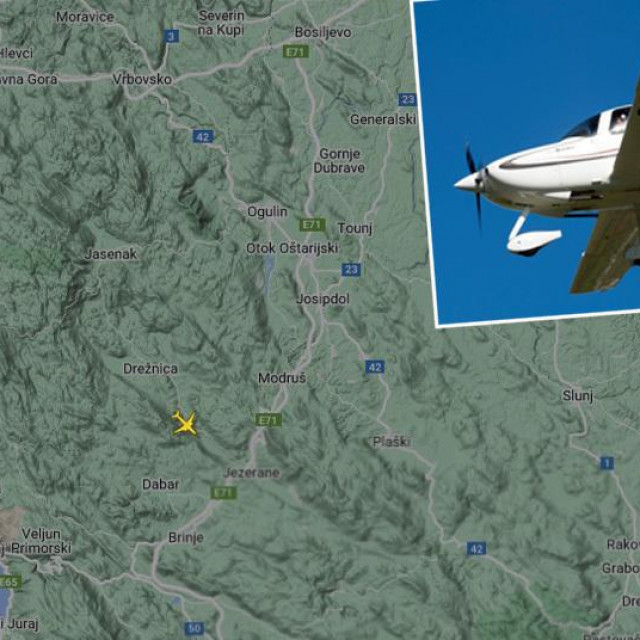 Karta Flightradara, područje iznad Like i model aviona Cirrus 20