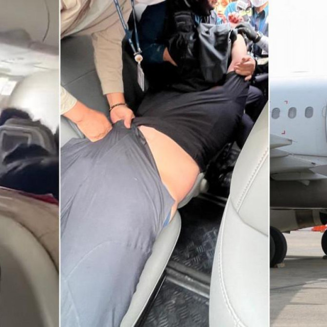 Otvorena vrata aviona i putnik koji ih je otvorio
 