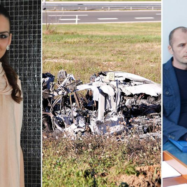 Ivana Obad (lijevo); Ferrari u kojem je poginula (u sredini); Dalibor Opačak i Marin Čolak (desno)