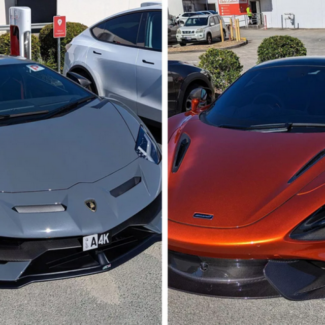 Lamborghini Aventador SVJ i McLaren 675 LT na Teslinoj Supercharger stanici, Australija