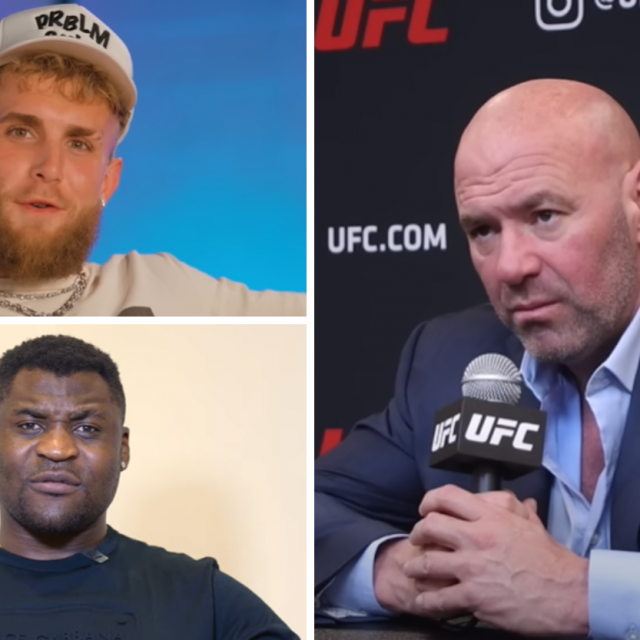 Jake Paul (gore lijevo), Francis Ngannou (dolje lijevo), Dana White (desno)