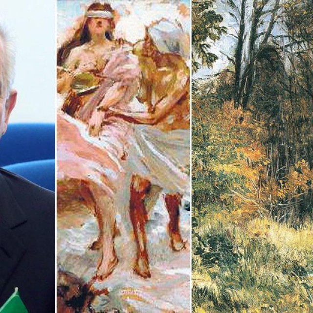 Ivo Sanader i slike Vlahe Bukovca: (s lijeva na desno): ”Zavist ubija Pravednost III”, ”Šuma Fontainebleau” i ”Portret gospođe Mounier”