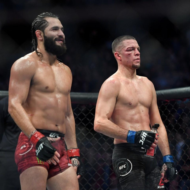 Nov 2, 2019; New York, NY, USA; Jorge Masvidal (red gloves) and Nate Diaz (blue gloves) react after their fight during UFC 244 at Madison Square Garden.,Image: 480802689, License: Rights-managed, Restrictions: *** World Rights ***, Model Release: no, Credit line: USA TODAY Network/ddp USA/Profimedia