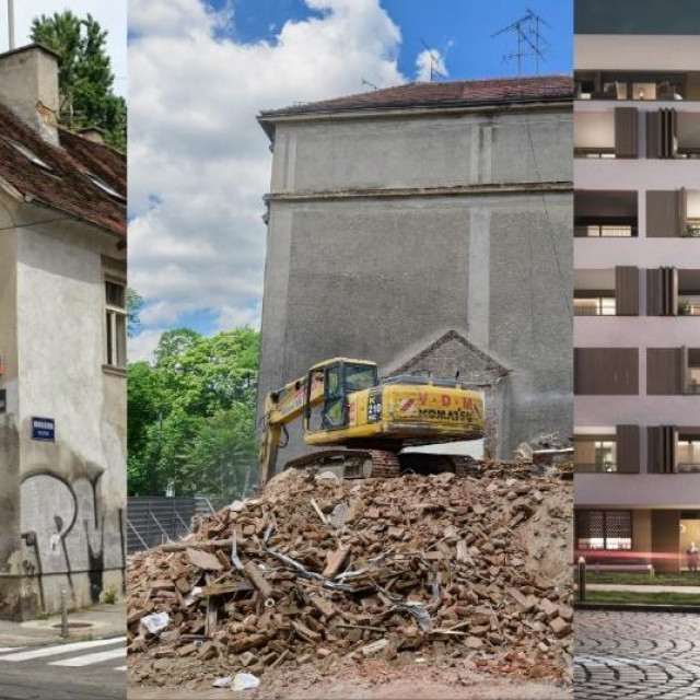 Zgrada u Novakovoj godinu dana prije rušenja; rušenje zgrade u Novakovoj; vizualizacija nove zgrade