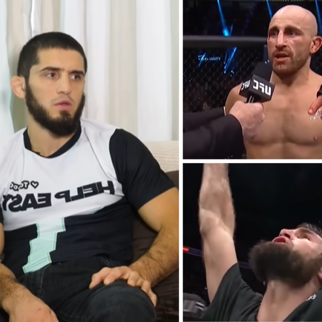 Islam Makhachev (lijevo), Alexander Volkanovski (gore desno) i Zabit Magomedsharipov (dolje desno)
