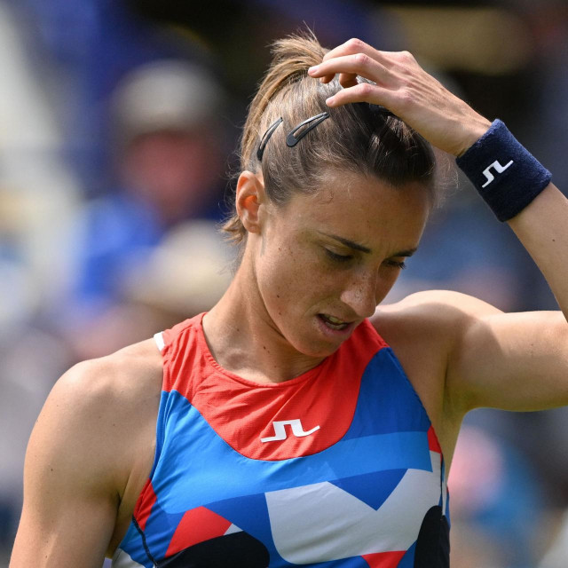 Croatia‘s Petra Martic reacts as she plays against Britain‘s Katie Boulter during their women‘s singles round of 32 tennis match at the Rothesay Eastbourne International tennis tournament in Eastbourne, southern England, on June 27, 2023. (Photo by Glyn KIRK/AFP)