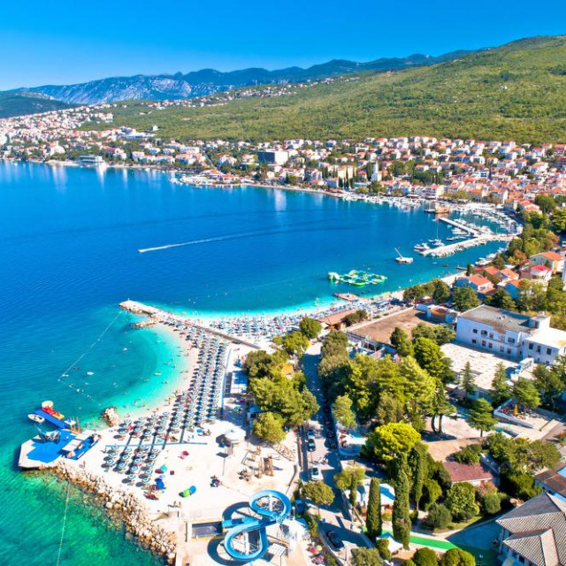 Selce and Poli Mora turquoise beach aerial view, Crikvenica riviera in Croatia