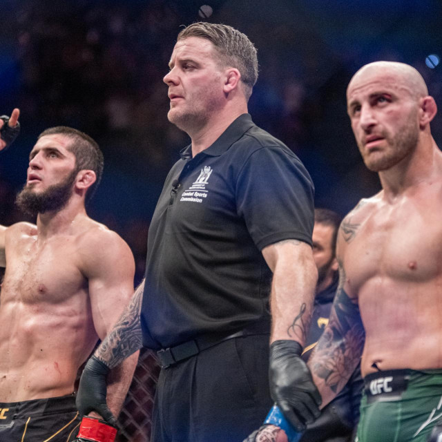 February 12, 2023, Perth, Perth, Australia, Australia: PERTH, AUSTRALIA - FEBRUARY 12: (L-R) Islam Makhachev celebrates his victory over Alex Volkanovski in their Lightweight title fight during the UFC 284 event at Rac Arena on February 12, 2023 in Perth, Australia.,Image: 755650838, License: Rights-managed, Restrictions:, Model Release: no, Credit line: Matt Davies/Zuma Press/Profimedia
