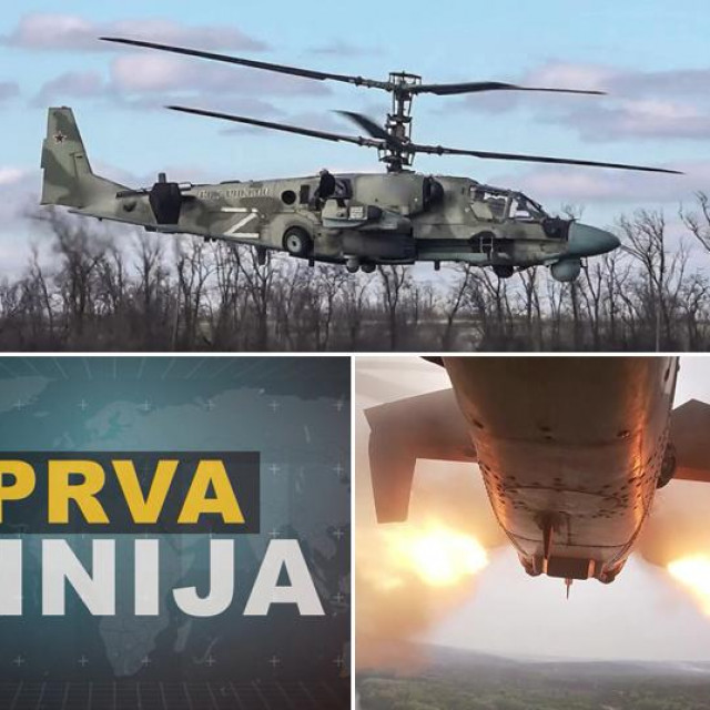 Oštećeni ruski helikopter; ruski helikopter Ka-52 u letu; ruski helikopter ispaljuje rakete