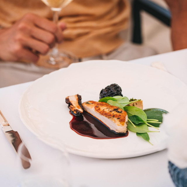 Prsa biserke, krema od vrganja, smrčci, demi-glace od povrća, gel špinat