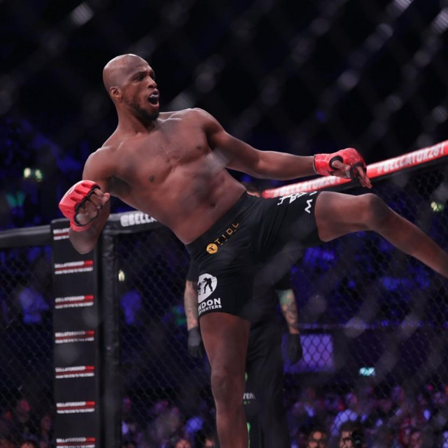 Michael Page kicks Logan Storley during the Bellator 281: MVP vs. Storley event at the SSE Arena, Wembley, London on Friday 13th May 2022.
MMA Bellator 281SSE, London, United Kingdom - 13 May 2022,Image: 691299937, License: Rights-managed, Restrictions: RESTRICTED TO EDITORIAL USE, Model Release: no, Credit line: MI News/NurPhoto/Shutterstock Editorial/Profimedia