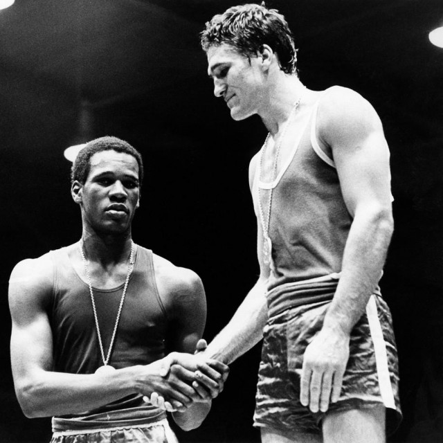 Picture taken on September 10, 1972 at Munich showing the handshake between Yugoslavian Heavyweight boxer Mate Parlov (R) and Cuban boxer Gilberto Carrillo at the end of the final of the Boxe tournament as part of the Munich Olympic Games. Parlo,Image: 436821002, License: Rights-managed, Restrictions:, Model Release: no, Credit line: AFP/AFP/Profimedia