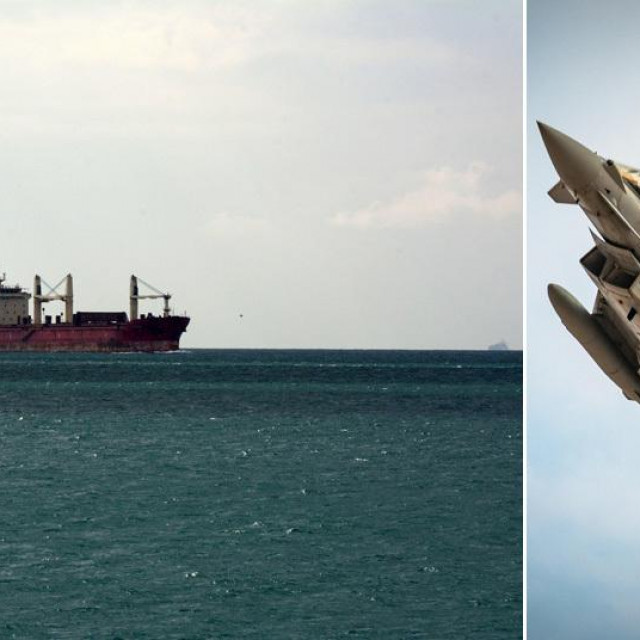 Ilustracija: brod koji prevozi žito i borbeni avion Eurofighter Zračnih snaga Italije