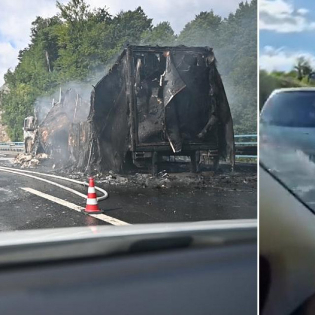 Prizor zapaljenog tertnjaka i osobnog vozila koje prolazi kroz hitni koridor umjesto da čeka u koloni