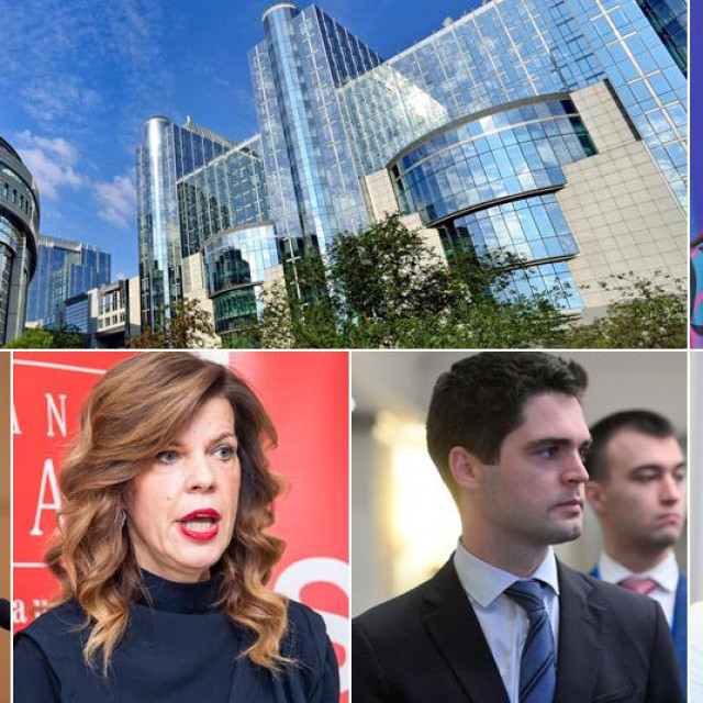 Zgrada Europskog parlamenta; s lijeva na desno: Tonino Picula, Biljana Borzan, Karlo Ressler, Željana Zovko i gore desno, Dubravka Šuica
