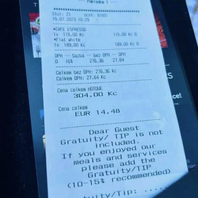 Slika računa kave iz Praga