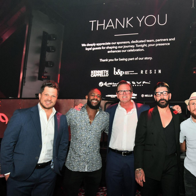 LAS VEGAS, NEVADA - JUNE 21: (L-R) Mark Shunock, Aljamain Sterling, Scott Sibella, Ronn Nicolli, Merab Dvalishvilli and JP Buys