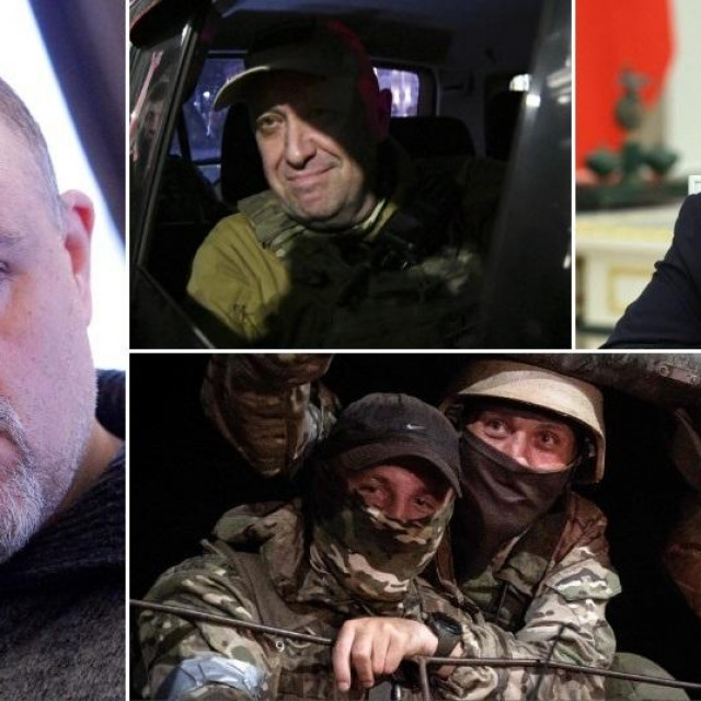 Igor Tabak (lijevo); Jevgenij Prigožin (desno u sredini); Vladimir Putin (desno gore); pripadnici Wagnera (desno dolje)