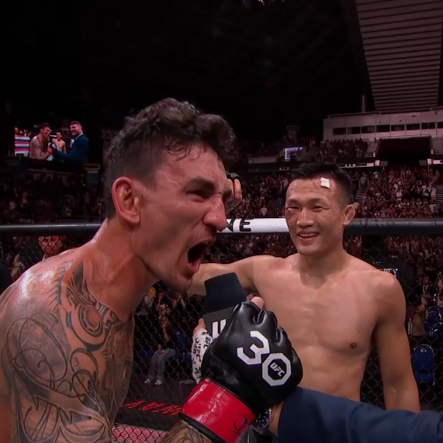 Max Holloway (lijevo), Chan Sung Jung (sredina) i Michael Bisping (desno)