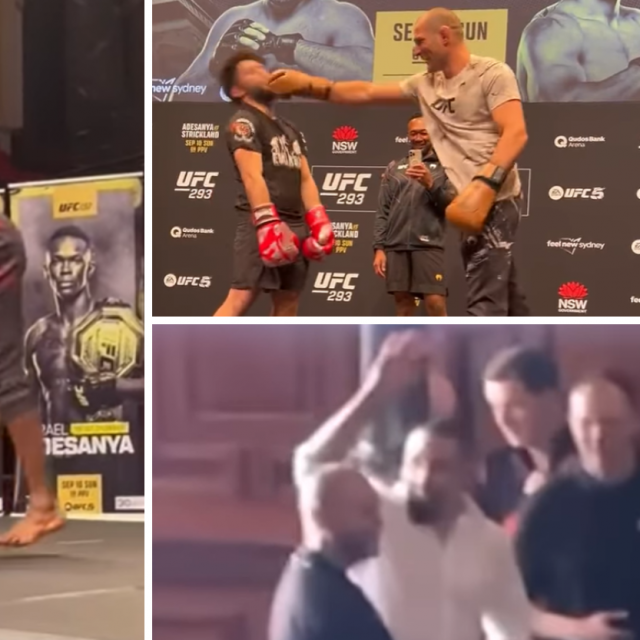 Israel Adesanya (lijevo), Sean Strickland (gore desno) i Robert Whittaker (dolje desno)