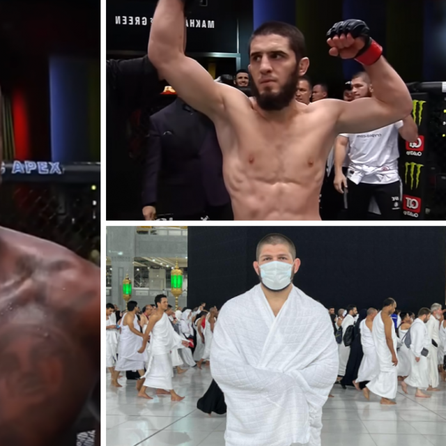 Bobby Green (lijevo), Islam Makhachev (gore desno) i Khabib Nurmagomedov (dolje lijevo)
