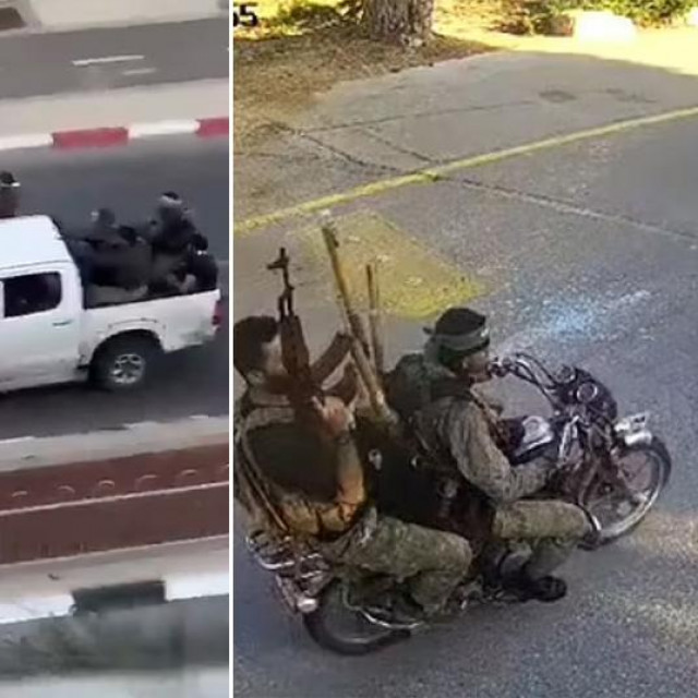 Militanti Hamasa snimljeni nadzornim kamerama (lijevo i u sredini); Izraelska policija bagerom upada u policijsku postaju u gradu Sderotu