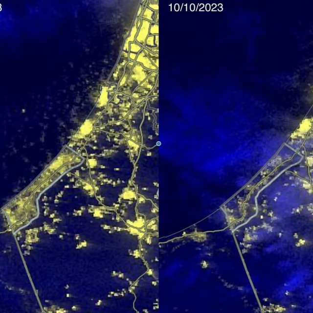 Uspoređene satelitske snimke pokazuju kako je Gaza ranije bila osvijetljena, a sada je utonula u potpuni mrak