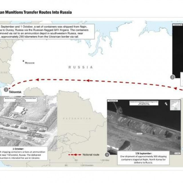 Ova slika koju je objavila američka vlada navodno prikazuje prijenos vojne opreme iz Sjeverne Koreje u Rusiju