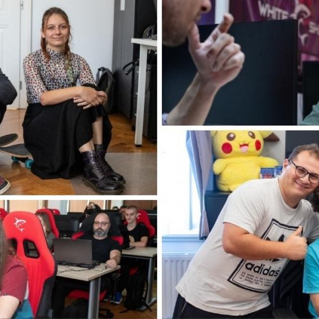 Mladen Bošnjak i Matea Olujić, startup Misfit Village (G-L); Reporter Gamea s polaznicom tečaja Monikom Lončarić (G-D); polaznici tečaja; Dominik Cvetkovski i Igor Puškarić, startup Aniq