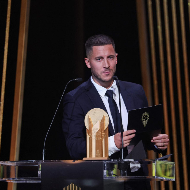 Former Belgian midfielder Eden Hazard speaks on stage during the 2023 Ballon d‘Or France Football award ceremony at the Theatre du Chatelet in Paris on October 30, 2023. (Photo by FRANCK FIFE/AFP)