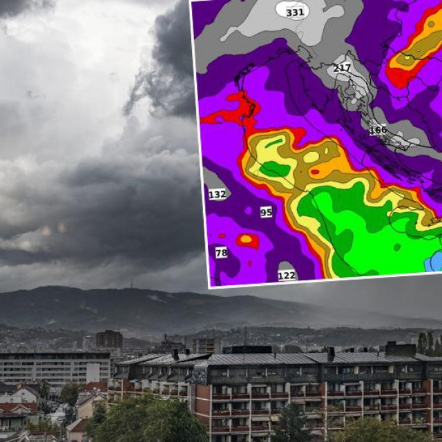 Ilustracija naoblake i prognozirana šestodnevna akumulacija oborine prognostičkog modela ECMWF od 31. listopada do 6. studenog 2023.