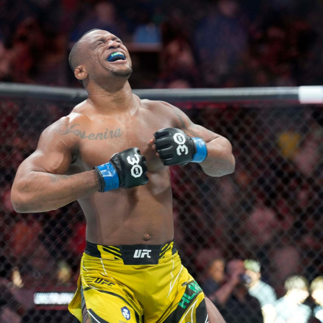 May 13, 2023; Charlotte, North Carolina, USA; Jailton Almeida (blue gloves) reacts after defeating Jairzinho Rozenstruik (red gloves) in a heavyweight bout during UFC Fight Night at Spectrum Center.,Image: 775674768, License: Rights-managed, Restrictions: *** World Rights ***, Model Release: no, Credit line: USA TODAY Network/ddp USA/Profimedia