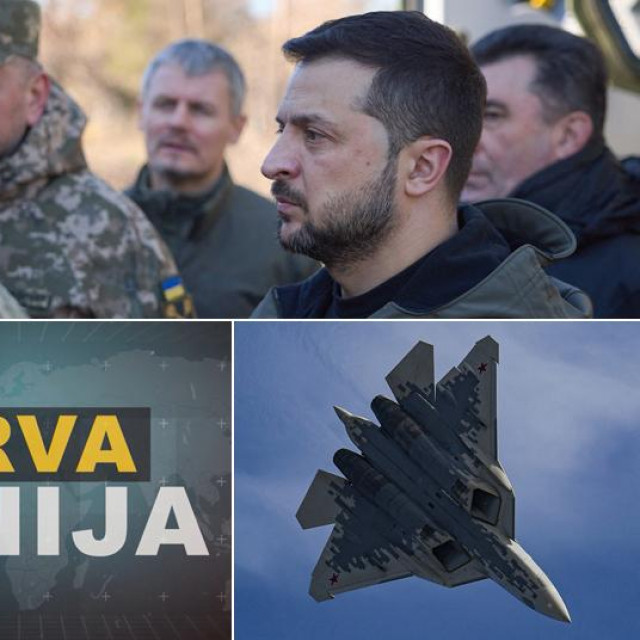 Haubica Pion na bojištu; Valerij Zalužni i Volodimir Zelenski; ruski borbeni avion Su-57