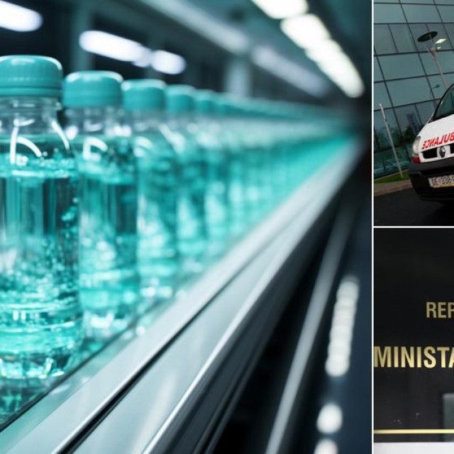 Ilustracija vode, ambulantnih kola i tabla Ministarstva zdravstva