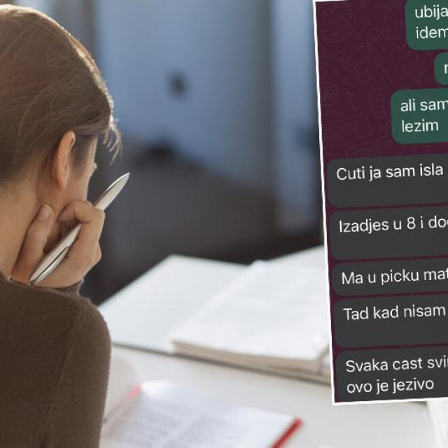 Ilustracija žene na poslu i screenshot poruka