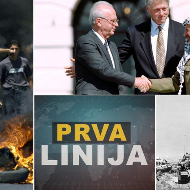 Prizor tijekom Prve intifade; Yitzhak Rabin i Yasser Arafat rukuju se u vrtu Bijele kuće ispred Billa Clintona; prizor tijekom Šestodnevnog rata