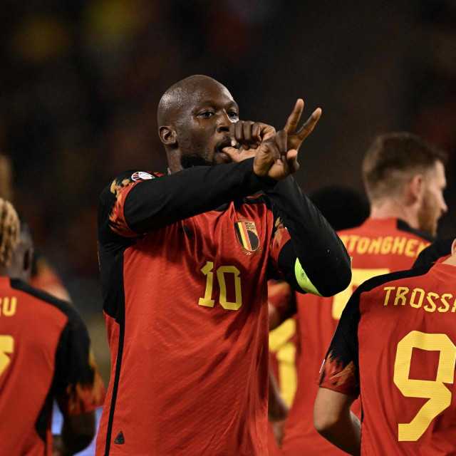 Belgium‘s forward #10 Romelu Lukaku celebrates scoring his team‘s third goal during the UEFA Champions League Qualifying Group F football match between Belgium and Azerbaijan at The King Baudouin Stadium in Brussels, on November 19, 2023. (Photo by JOHN THYS/AFP)