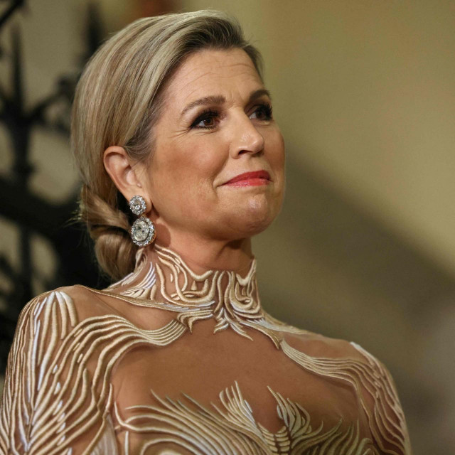 Queen Maxima of the Netherlands looks on during the opening of the exhibition ‘Iris van Herpen: Sculpting the Senses‘ at the Musee des Arts Decoratifs, in Paris, on November 28, 2023. The exhibition, inaugurated on November 28, 2023 by Queen Maxima of the Netherlands and Brigitte Macron opens to the general public on Novemeber 29, 2023 and features 100 haute couture dresses by the Dutch couturier. (Photo by Thomas SAMSON/AFP)