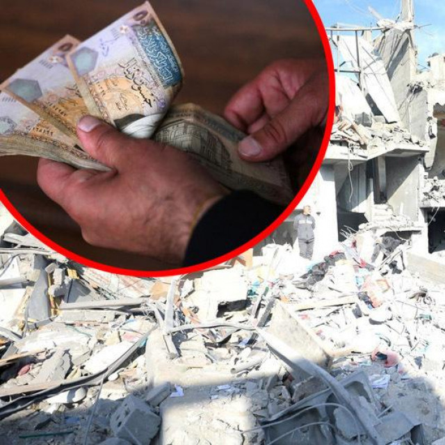 Palestinski šekeli (u krugu) i razrušena Gaza