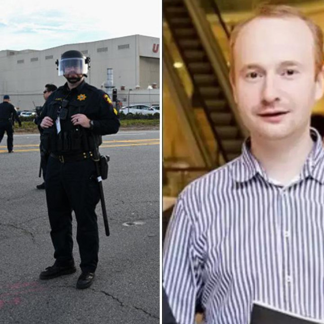 Ilustracija američke policije na aerodromu i Sergej Vladimirovič Očigava