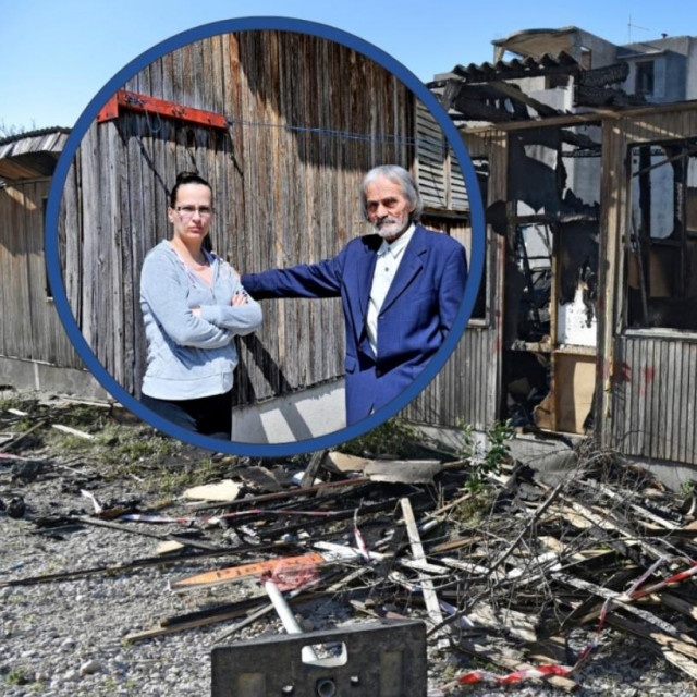 Jelena i otac Luka Matković ispred barake koja je nedavno izgorjela